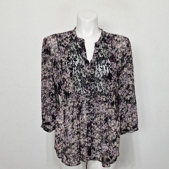 ELLE  Floral Lace Sheer Baby Doll Peasant Boho Balloon Sleeve Blouse Size 3X - Picture 1 of 15